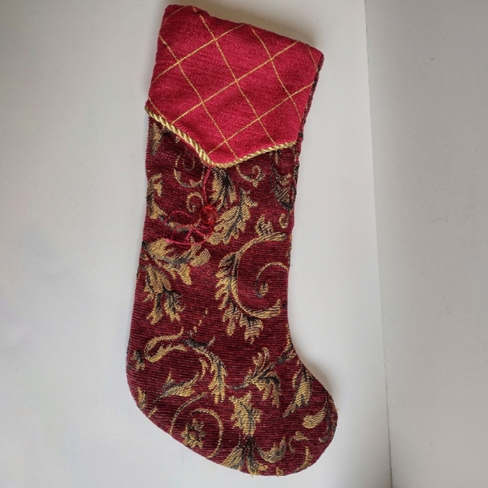 Christmas / Holiday Stocking Decoration in Burgundy, Vintage Style Gold Leaves